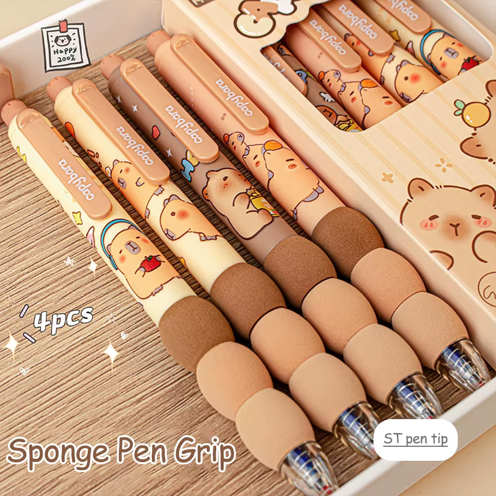 4Pcs Cartoon Cute Capybara Erasable Gel Pens Neutral Pens Side Press Erasable Pen Stationery School Office Supplies