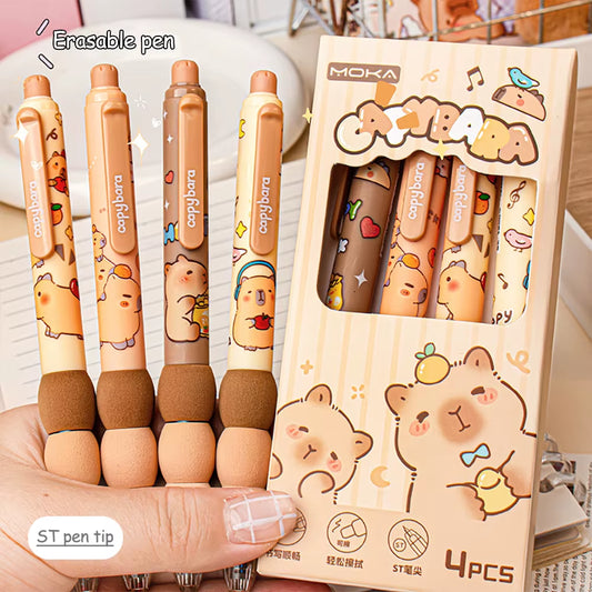4Pcs Cartoon Cute Capybara Erasable Gel Pens Neutral Pens Side Press Erasable Pen Stationery School Office Supplies