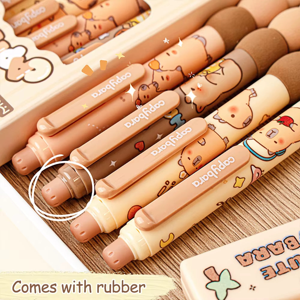 4Pcs Cartoon Cute Capybara Erasable Gel Pens Neutral Pens Side Press Erasable Pen Stationery School Office Supplies