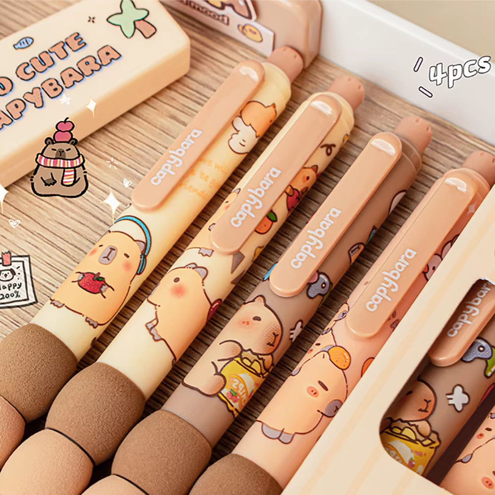 4Pcs Cartoon Cute Capybara Erasable Gel Pens Neutral Pens Side Press Erasable Pen Stationery School Office Supplies