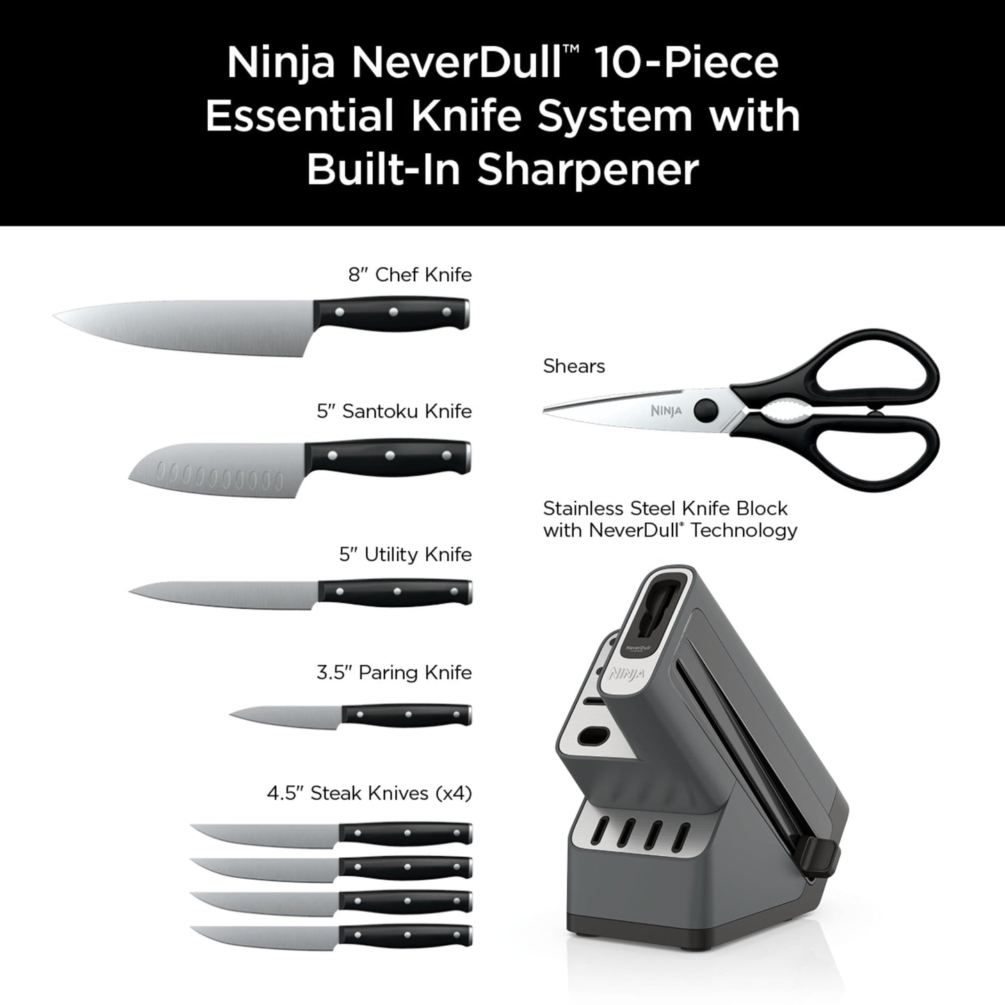 Foodi Neverdull 10-Piece Essential Knife System with Sharpener, Stainless Steel, K12010
