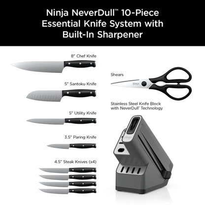 Foodi Neverdull 10-Piece Essential Knife System with Sharpener, Stainless Steel, K12010