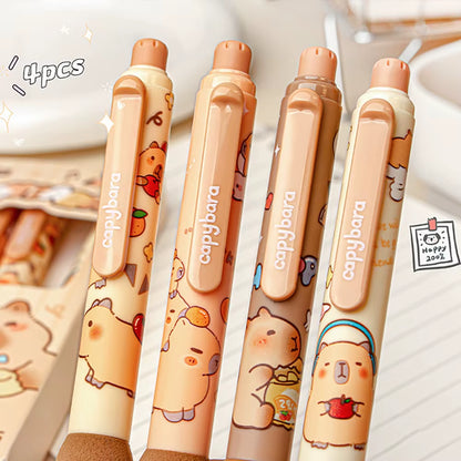 4Pcs Cartoon Cute Capybara Erasable Gel Pens Neutral Pens Side Press Erasable Pen Stationery School Office Supplies