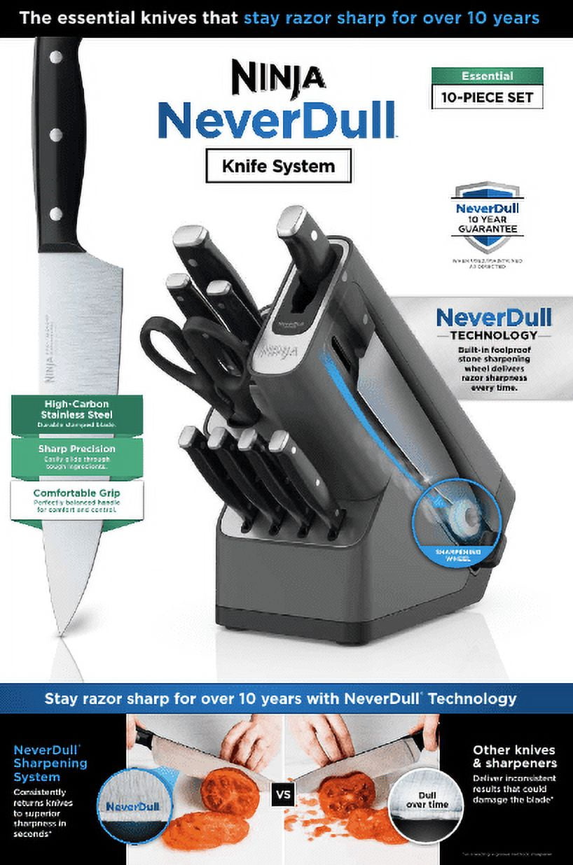 Foodi Neverdull 10-Piece Essential Knife System with Sharpener, Stainless Steel, K12010