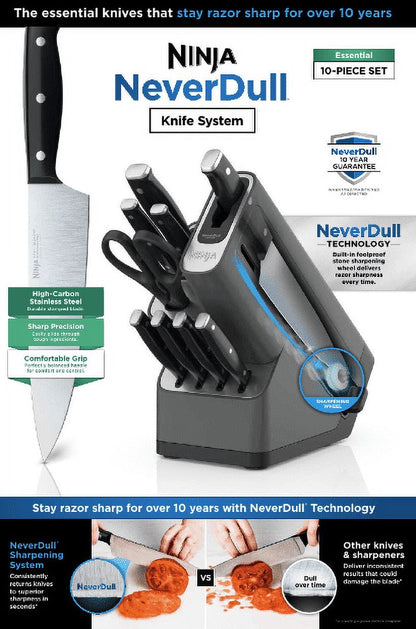 Foodi Neverdull 10-Piece Essential Knife System with Sharpener, Stainless Steel, K12010